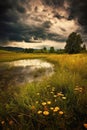 dramatic storm clouds gathering over a peaceful meadow Royalty Free Stock Photo