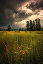 dramatic storm clouds gathering over a peaceful meadow Royalty Free Stock Photo