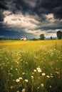 dramatic storm clouds gathering over a peaceful meadow Royalty Free Stock Photo