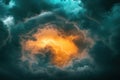 Dramatic storm clouds with lightning and orange glow, swirling dark clouds Royalty Free Stock Photo