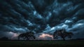 Dramatic Storm Clouds with Lightning Over Trees in Dark Sky Royalty Free Stock Photo