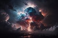 Dramatic Storm clouds with lightning strikes and dark atmosphere. Giant Storm with heavy dark skies and thunferstorm lightning