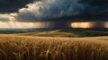 Wheat Field Under Dramatic Sky with Approaching Storm and Lightning Strike Royalty Free Stock Photo