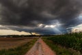 Dramatic storm clouds over fields. Country landscape. Windy weather. Plain field against the background of dark sky Royalty Free Stock Photo