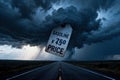 Dramatic storm clouds over highway with gasoline price tag Royalty Free Stock Photo