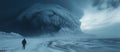 Dramatic storm clouds over icy landscape with lone figure walking towards danger Royalty Free Stock Photo
