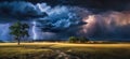 Dramatic storm clouds over scenic landscape with lightning and rain