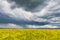 Dramatic storm clouds with rain over yellow rapeseed field Royalty Free Stock Photo