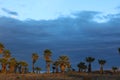 Dramatic storm dark clouds over the sea, palm trees with sunset orange light on a summer day. Tropical background Royalty Free Stock Photo