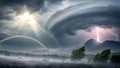 Dramatic Storm Landscape: Lightning, Rainbows, and Windswept Trees Under Dark Clouds Royalty Free Stock Photo