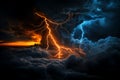 A dramatic storm with lightning striking through dark clouds, with an orange sunset in the background Royalty Free Stock Photo