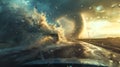 Dramatic storm over a highway with massive tornado. Dark clouds and chaos. AI-generated image of intense weather. High Royalty Free Stock Photo