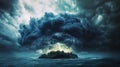 Lightning Storm Over Small Island in Middle of Dark, Moody Ocean Royalty Free Stock Photo