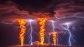 Dramatic Storm Scene with Fiery Tornadoes and Jagged Lightning Strikes in Dark Clouds Royalty Free Stock Photo