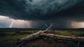 Dramatic Lightning Storm Over Fallen Tree in Grassland Royalty Free Stock Photo