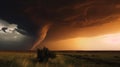 A dramatic storm at sunset producing a powerful tornado countryside with sheet lightning Royalty Free Stock Photo