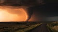 A dramatic storm at sunset producing a powerful tornado countryside with sheet lightning Royalty Free Stock Photo