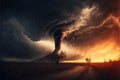 dramatic storm at sunset producing a powerful tornado