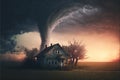 A dramatic storm at sunset producing a powerful tornado. little house on horizon Royalty Free Stock Photo