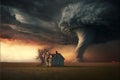 A dramatic storm at sunset producing a powerful tornado. little house on horizon Royalty Free Stock Photo