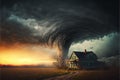 A dramatic storm at sunset producing a powerful tornado. little house on horizon Royalty Free Stock Photo