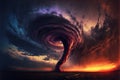 A dramatic storm at sunset producing a powerful tornado. little house on horizon Royalty Free Stock Photo