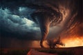 A dramatic storm at sunset producing a powerful tornado. little house on horizon Royalty Free Stock Photo