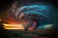 A dramatic storm at sunset producing a powerful tornado. little house on horizon Royalty Free Stock Photo