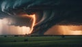A dramatic storm at sunset producing a powerful tornado twisting through the countryside with sheet lightning
