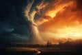 A dramatic storm at sunset producing a powerful tornado twisting through the countryside with sheet lightning. landscape mixed Royalty Free Stock Photo