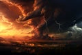 A dramatic storm at sunset producing a powerful tornado twisting through the countryside with sheet lightning. landscape mixed Royalty Free Stock Photo