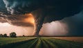 A dramatic storm at sunset producing a powerful tornado twisting through the countryside with sheet lightning