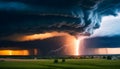 A dramatic storm at sunset producing a powerful tornado twisting through the countryside with sheet lightning