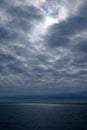 Dramatic stormy dark cloudy sky over sea, natural photo background Royalty Free Stock Photo