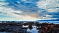 Dramatic stormy dark cloudy sky over sea, natural photo background Royalty Free Stock Photo