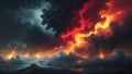 Dramatic Stormy Ocean with Fiery Sky and Dark Thunderclouds at Sunset Royalty Free Stock Photo