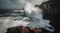 Dramatic stormy ocean with powerful waves crashing on the rocks