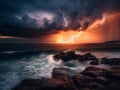 Dramatic Stormy Ocean Sunset - Lightning Strike & Turbulent Waves Royalty Free Stock Photo