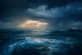 Dramatic stormy ocean waves under dark clouds with intense rays of sunlight breaking through creating a powerful atmospheric Royalty Free Stock Photo