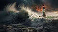 A dramatic and stormy seascape, with crashing waves, a lighthouse standing tall against the tempest