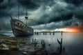 dramatic stormy sky above a ghostly ship Royalty Free Stock Photo