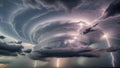 Dramatic stormy sky with lightning bolts and dark clouds during thunderstorm Royalty Free Stock Photo