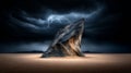 Dramatic stormy sky with lightning illuminating a large, jagged rock formation on a flat landscape Royalty Free Stock Photo