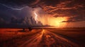 Dramatic stormy sky with lightning over road. Nature composition. Generative AI.