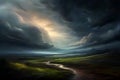 Dramatic stormy sky over the river. 3d rendering