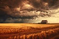 Dramatic stormy sky over a wheat field with a red barn, AI Generated Royalty Free Stock Photo