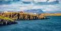 Dramatic summer cityscape of small fishing town - Stykkisholmur. Panoramik morning scene of west Iceland, Europe. Royalty Free Stock Photo