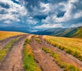 Dramatic summer scene of Svydovets mountain range with old country road. Royalty Free Stock Photo