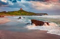 Dramatic summer sunrise on Sardinia, Italy, Europe. Fantastic morning view of Capo San Marco Lighthouse on Del Sinis peninsula. Am Royalty Free Stock Photo