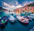 Dramatic summer sunset on Portovenere town. Fantastic evening seascape of Mediterranean sea, Liguria, province of La Spezia, Italy